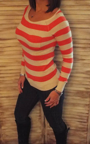 Very Sexy Striped Light Sweater Boat Neck Pocket Long Sleeve Coral S/M/L