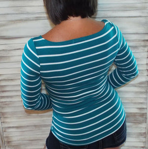 Sexy Boat Neck Preppy Striped Rugby Open Shoulder Stretch Shirt Emerald S/M/L