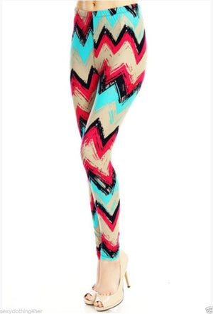 Chevron Print Zigzag Leggings Stretch Lounge Pant Lightweight Blue Maroon Tan OS