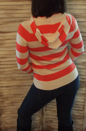 Striped Hoodie Light Sweater Kangaroo Pocket Long Sleeve Coral S/M/L