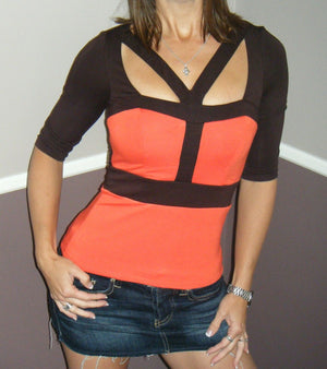 Sexy Cocoa Contrast Color block Retro Urban Club Low Cut Top Orange Brown S/M/L