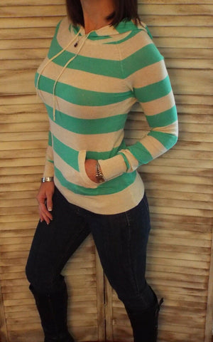 Very Sexy Striped Hoodie Light Sweater Kangaroo Pocket Long Sleeve Mint S/M/L