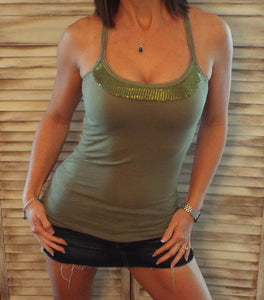 Scoop Neck Racerback Sequined Summer Sleeveless Tank Top Shirt Olive