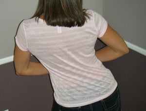 Sexy Scoop Neck Striped Burnout Semi Sheer Rolled Short Sleeve Shirt Pink S/M/L