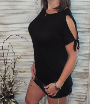 Very Sexy Cold Shoulder Cutout Dolman Drape Tie Sleeve Top Black
