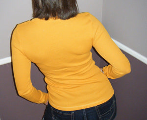 Sexy Deep V Neck Long Sleeve Cleavage Thermal Waffle Fitted Slimming Top Yellow