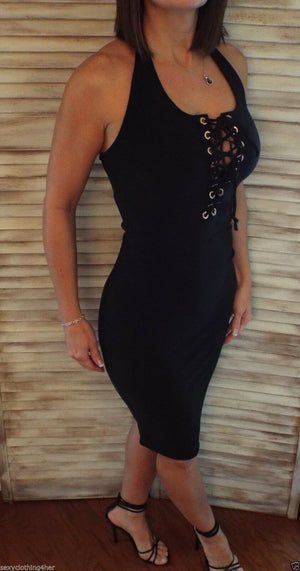 Very Sexy Little Black Dress Lace Up Halter V-Neck Form Fitting S/M/L