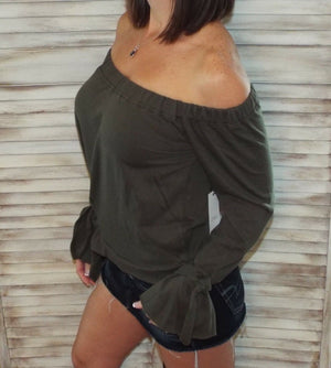 Very Sexy Off Shoulder Tie Front French Terry Blouse Shirt Top Dark Olive