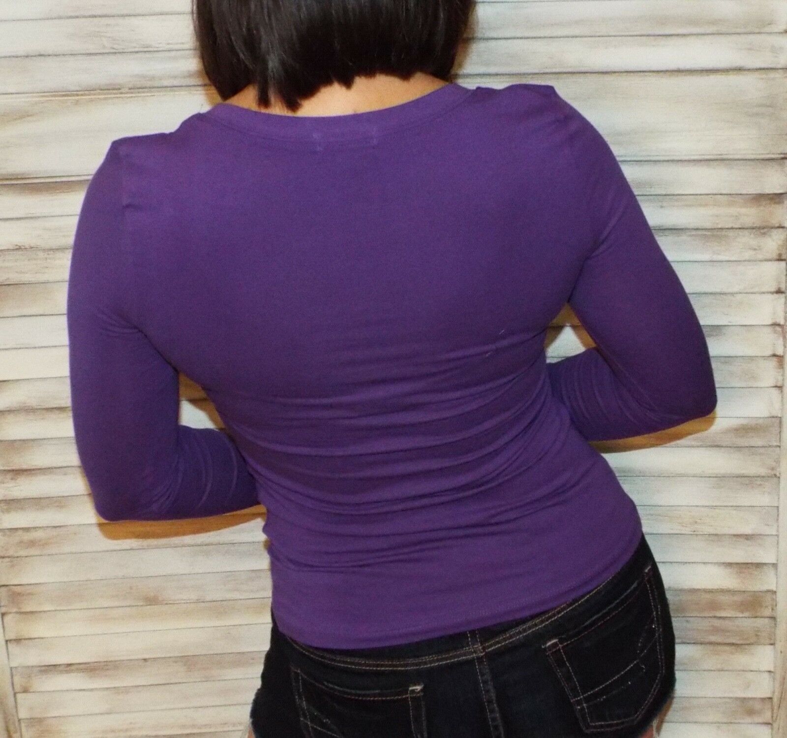 “Easygoing” Slimming Scoop Neck Low Cut L/S Tissue Basic Baby Shirt Top Purple S/M/L