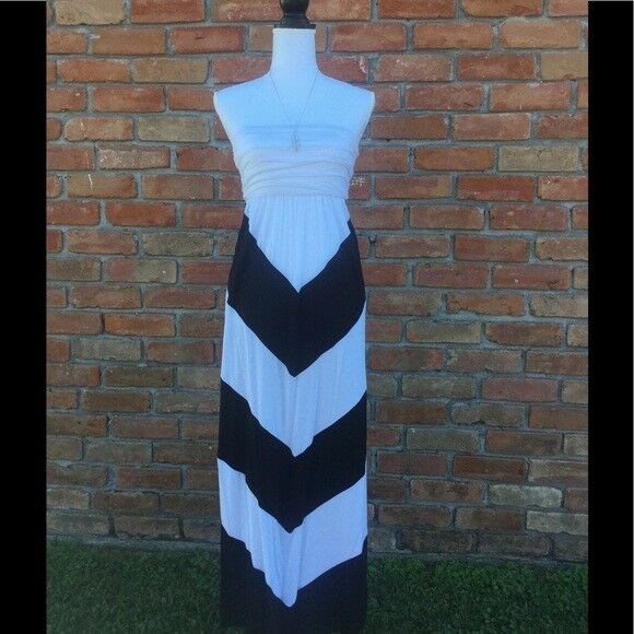 Strapless Chevron Maxi Dress Long Colorblock Tube Sundress Black White S/M/L