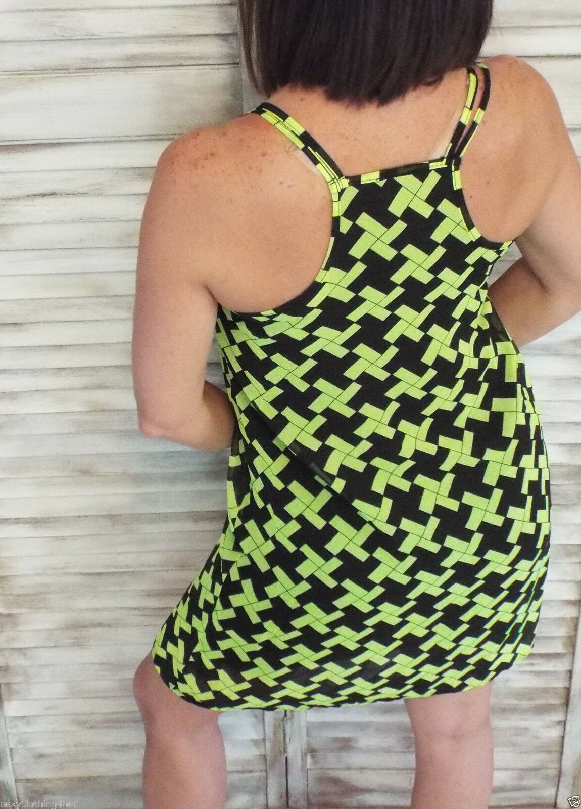 "My Way" Chiffon Double Strap Racerback Sheer Overlay Dress Geometric Green Navy S/M/L