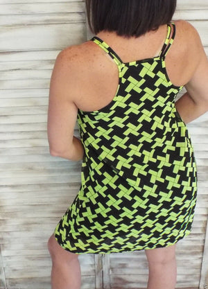"My Way" Chiffon Double Strap Racerback Sheer Overlay Dress Geometric Green Navy S/M/L