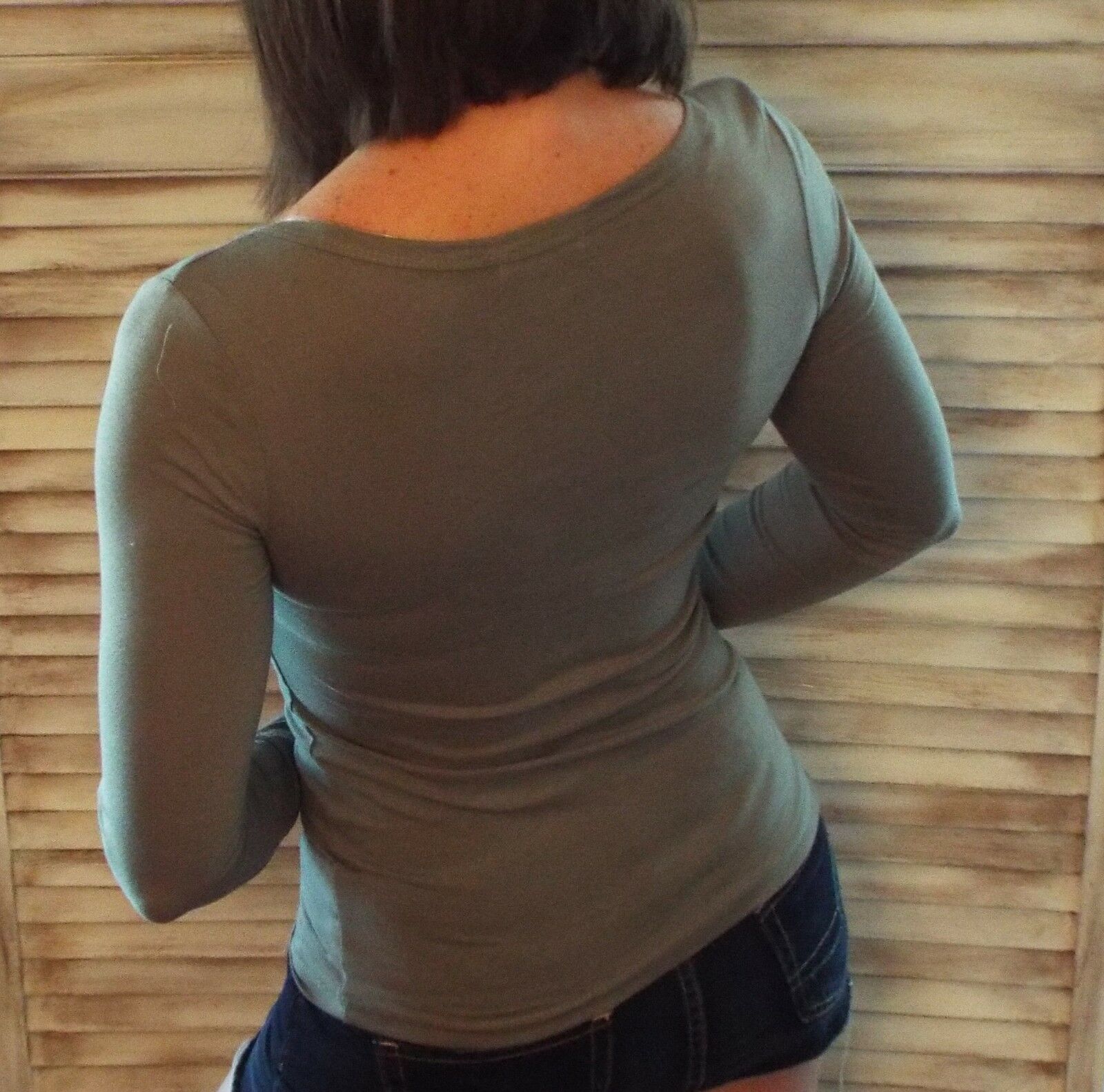 Deep V Neck Stretch Fitted Cleavage Button Henley Pocket Top Green 1X/2X/3X