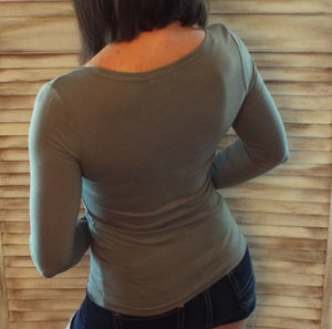 Deep V Neck Stretch Fitted Cleavage Button Henley Pocket Top Green 1X/2X/3X