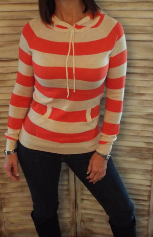 Striped Hoodie Light Sweater Kangaroo Pocket Long Sleeve Coral S/M/L