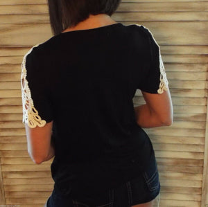 Very Sexy Crochet Lace Shoulder Sleeve Loose Scoop Neck Chic Boho Black S/M/L