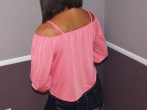 Very Sexy Scoop Neck Cold Shoulder Cutout Button Floaty Top Coral Pink S/M/L