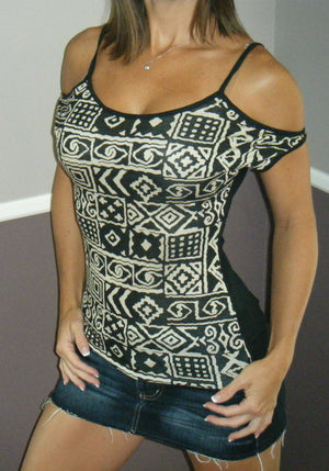Very Sexy Cold Shoulder Cutout Cleavage Aztec Blouse Top Shirt Cocoa Black