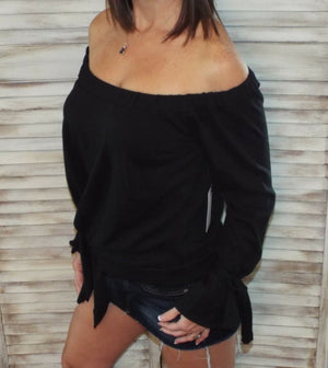 Very Sexy Off Shoulder Tie Front French Terry Blouse Shirt Top Black S/M/L