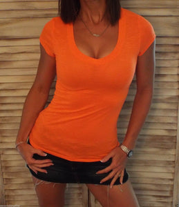 Sexy Burnout Low V-Neck Cleavage Baby Slimming Tee Shirt Neon Orange S/M/L/XL