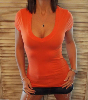 Very Sexy Low V-Neck Cleavage Baby Slimming Basic Tee Shirt Orange S/M/L