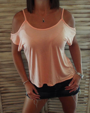Very Sexy Scoop Neck Cold Shoulder Cutout Dolman Drape Cleavage Top Peach S/M/L