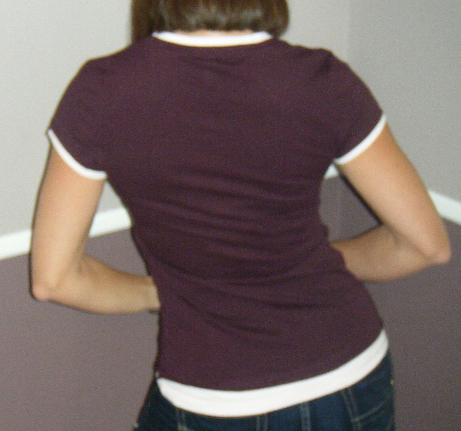 Very Sexy Crew Neck Baby Slimming Sheer Top Tee Brown Maroon Trim S/M/L/XL/XXL