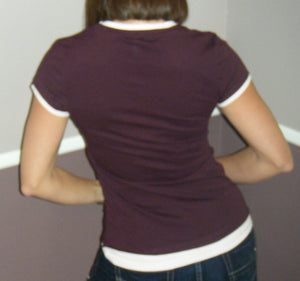 Very Sexy Crew Neck Baby Slimming Sheer Top Tee Brown Maroon Trim S/M/L/XL/XXL