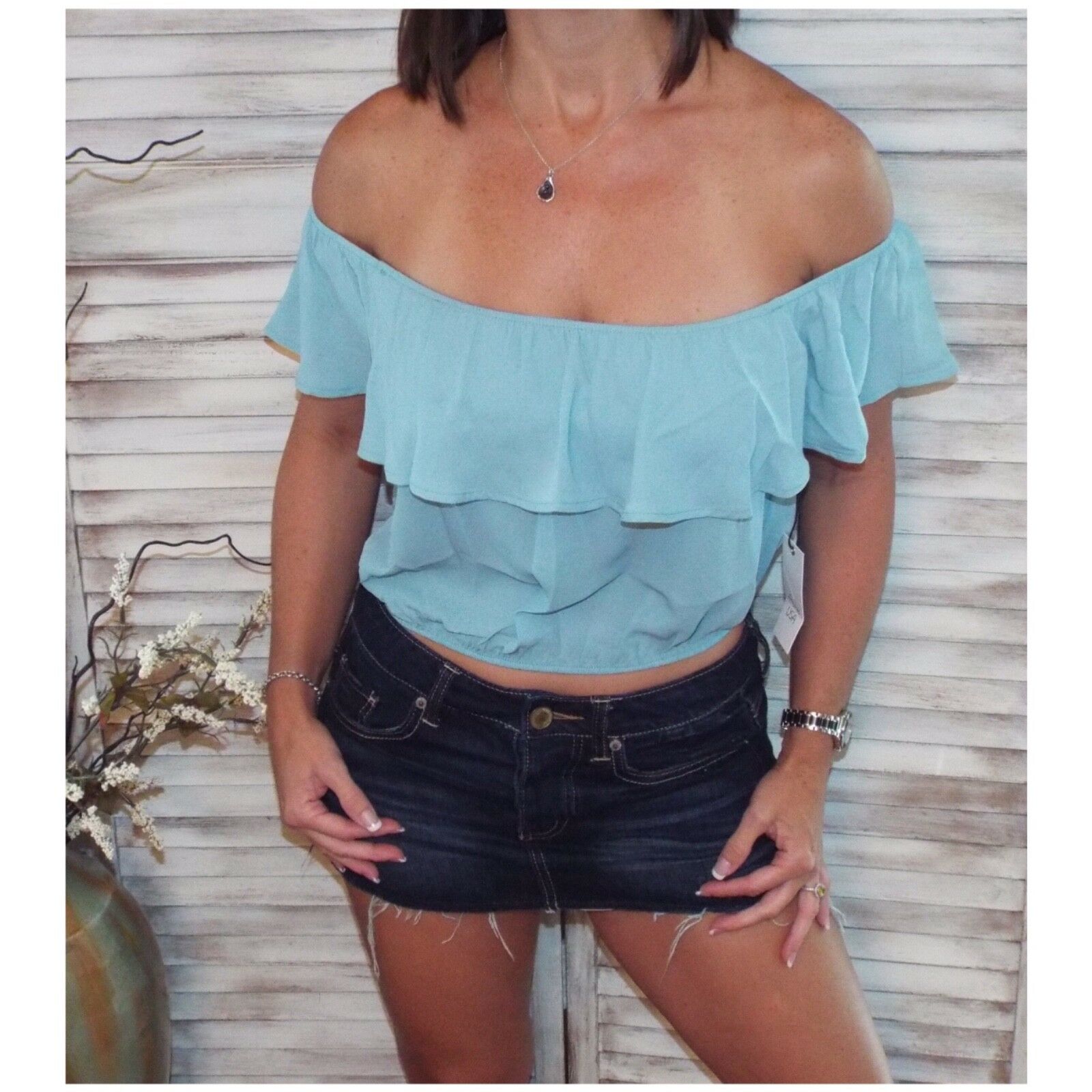 Very Sexy Off The Shoulder Ruffle Crop Hem Strapless Tube Top Mint Green S/M/L