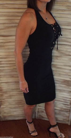 Very Sexy Little Black Dress Lace Up Halter V-Neck Form Fitting S/M/L