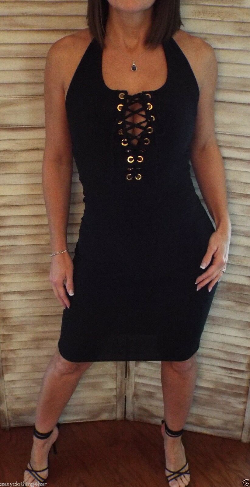 Very Sexy Little Black Dress Lace Up Halter V-Neck Form Fitting S/M/L
