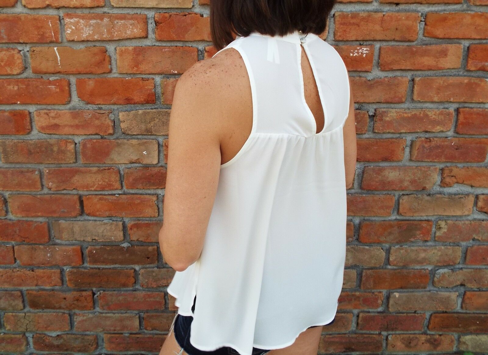 Very Sexy Low Cut Choker Sheer Floaty Empire Tank White S/M/L