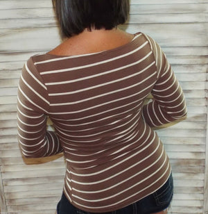 Boat Neck Preppy Striped Rugby Open Shoulder Stretch Shirt Top Cocoa