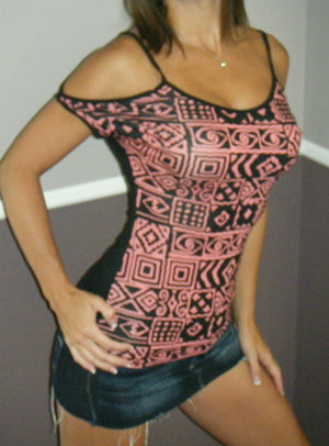 Very Sexy Cold Shoulder Cutout Cleavage Aztec Blouse Top Shirt Pink Black