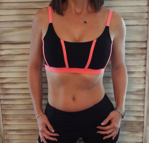 Very Sexy Low Cut Rugby Yoga Sports Bra Gym Stretch Tank Black Neon Coral S/M/L