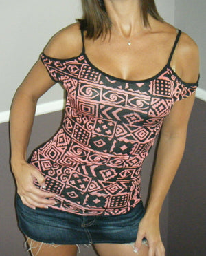 Very Sexy Cold Shoulder Cutout Cleavage Aztec Blouse Top Shirt Pink Black
