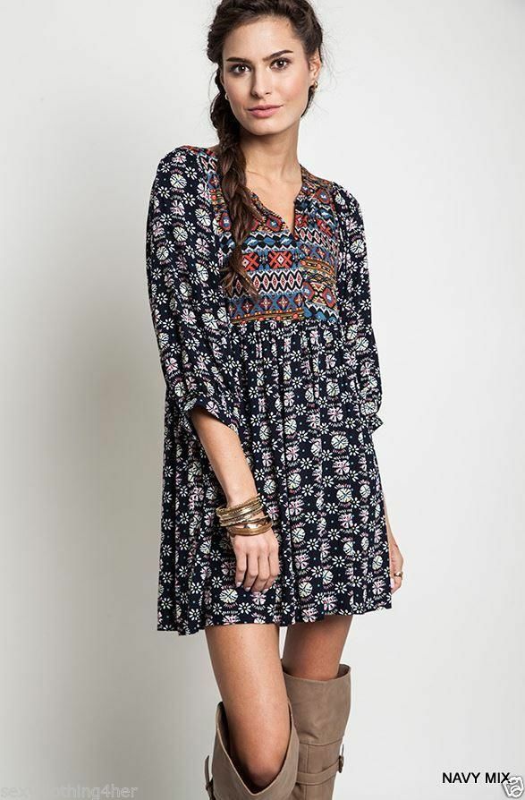 Umgee USA Navajo Tribal Babydoll Chic Boho Tunic Mini Dress Navy