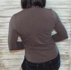 Collar V-Neck Pockets Button Up Slim Preppy Stretch Mocha Brown S/M/L