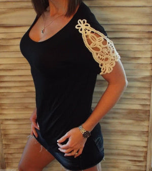 Very Sexy Crochet Lace Shoulder Sleeve Loose Scoop Neck Chic Boho Black S/M/L