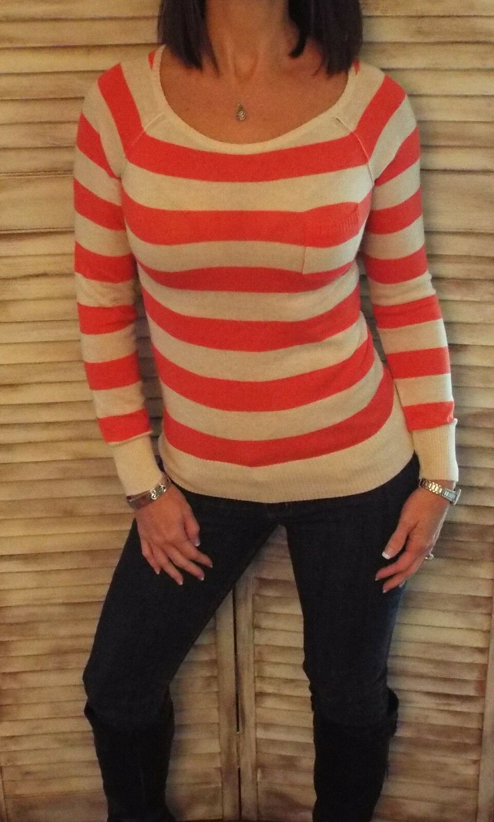 Very Sexy Striped Lightweight Sweater Boat Neck Pocket Long Sleeve Coral