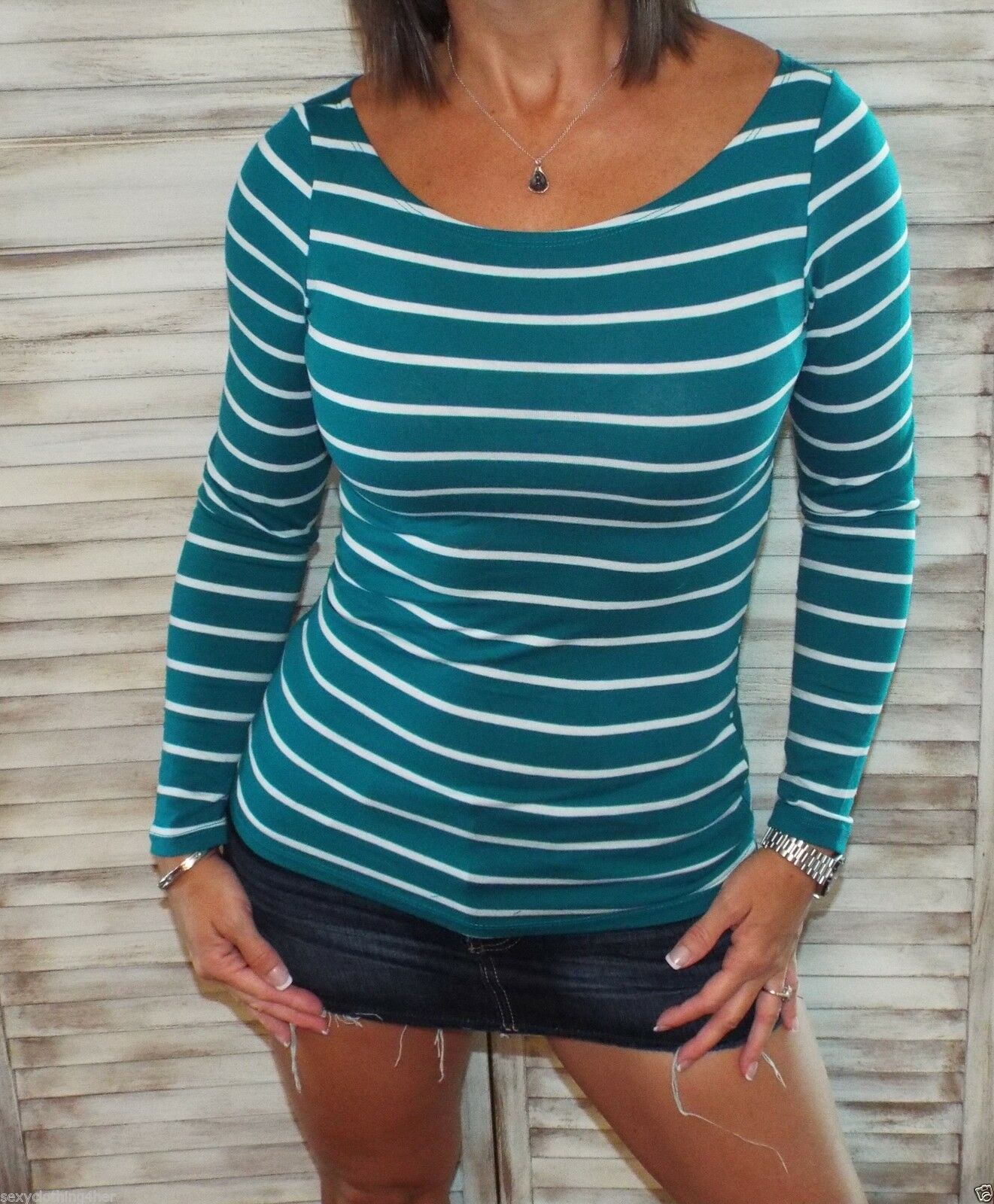 Sexy Boat Neck Preppy Striped Rugby Open Shoulder Stretch Shirt Emerald S/M/L