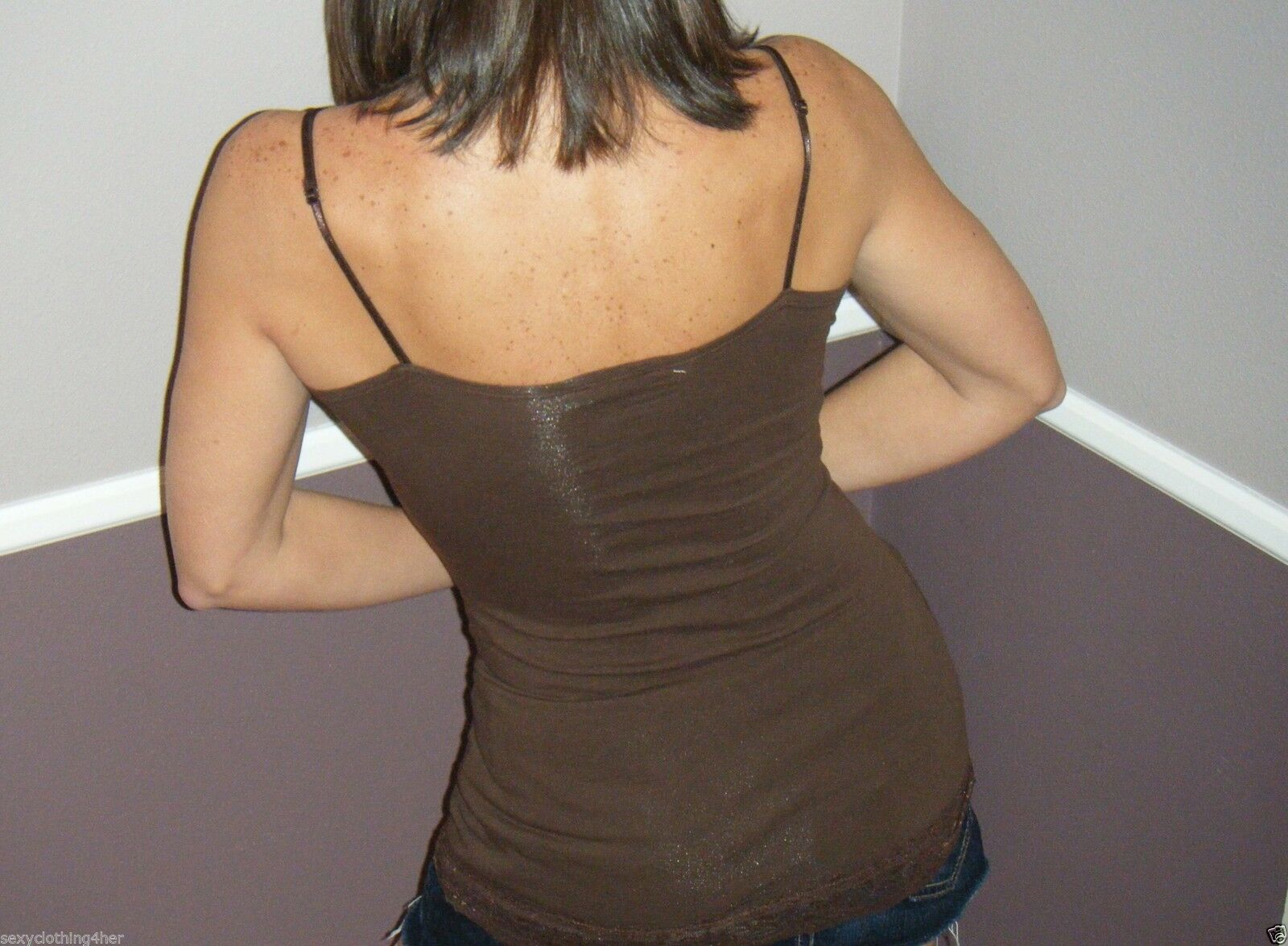 Very Sexy Slimming Low Cleavage Lace Long Layering Club Tank Cami Top Brown 2X