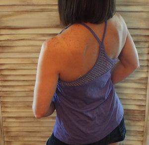 “Can’t Get Away” Low Cut Scoop Neck Mesh Racerback Shirred Tissue Tank Shirt Top Purple