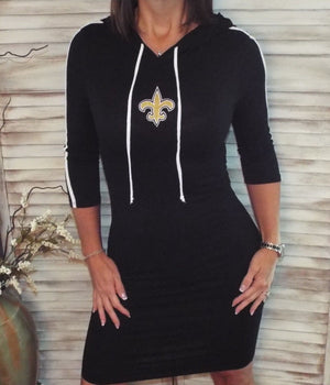 New Orleans Saints Fleur de Lis Hoodie Bodycon Stretch 3/4 Dress Black S/M/L