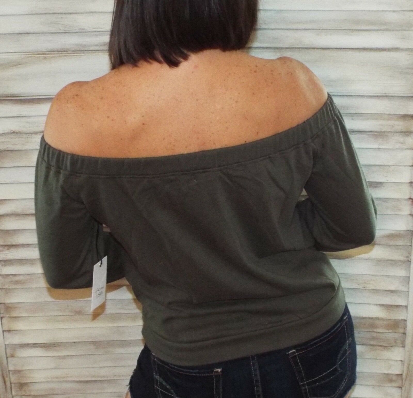 Very Sexy Off Shoulder Tie Front French Terry Blouse Shirt Top Dark Olive