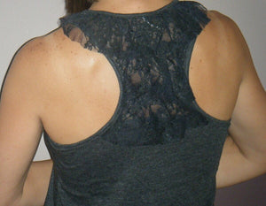 Sexy Cleavage Scoop Neck Lace Ruffle Racerback Sheer Shirt Tank Top Gray S/M/L