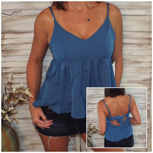 Very Sexy Peplum V Neck Tie Back Ruched Babydoll Spaghetti Strap Top Blue