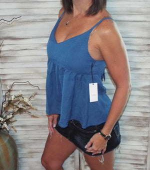 Very Sexy Peplum V-Neck Tie Back Ruched Babydoll Spaghetti Strap Top Blue S/M/L