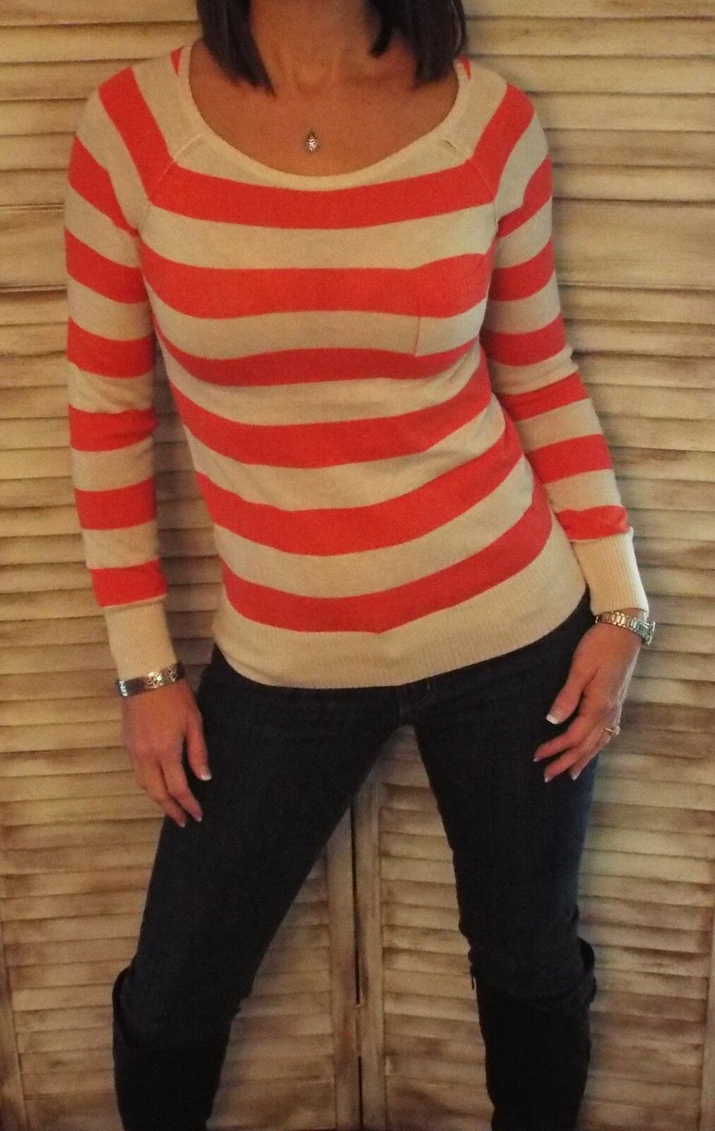 Very Sexy Striped Light Sweater Boat Neck Pocket Long Sleeve Coral S/M/L