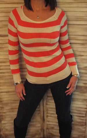Very Sexy Striped Light Sweater Boat Neck Pocket Long Sleeve Coral S/M/L
